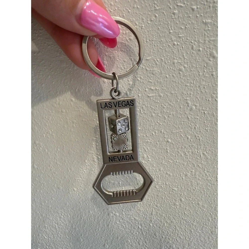 Las Vegas Nevada Spinning Rhinestone Dice Bottle Opener Keychain Silver Tone